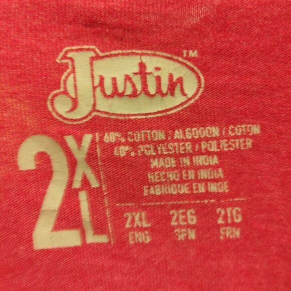 Justin Boots tshirt mens 2XL XXL red long sleeve graphic logo pocket western - Picture 7 of 8